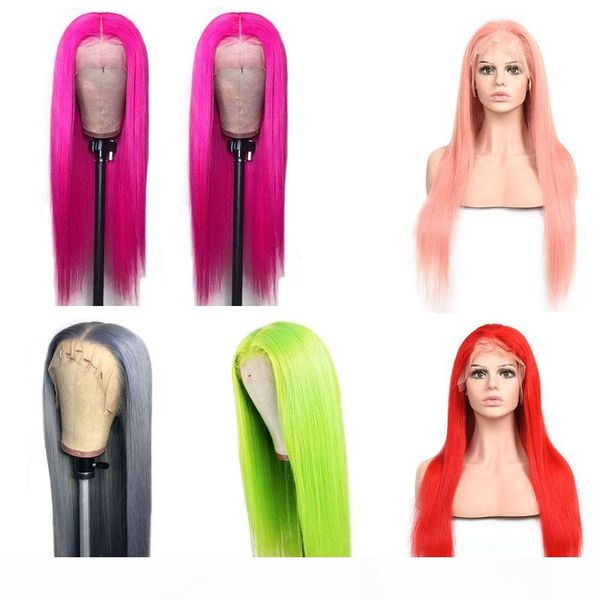 

indian virgin human hair 13x4 lace front wig straight grey purple blue red pink green 13 by 4 wigs ruyibeauty, Black;brown