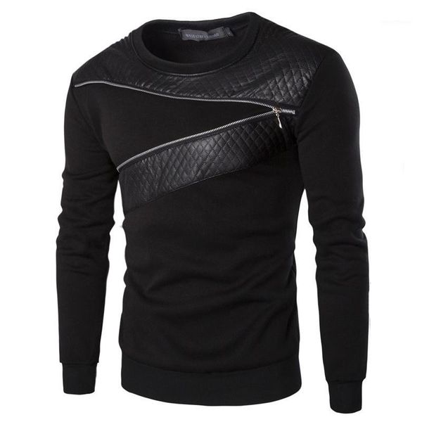 

men's hoodies & sweatshirts wholesale-plus size leather patchwork men zipper decoration long sleeve sweatshirt men's leisure hood, Black