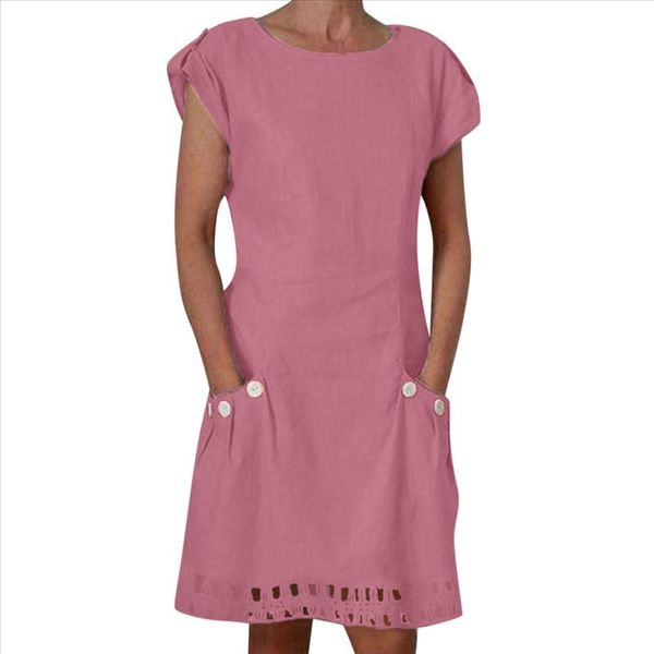 

2019 new summer women t shirt linen solid o neck pockets button hollow out holiday daily tunic beach sundress 905741, Black;gray
