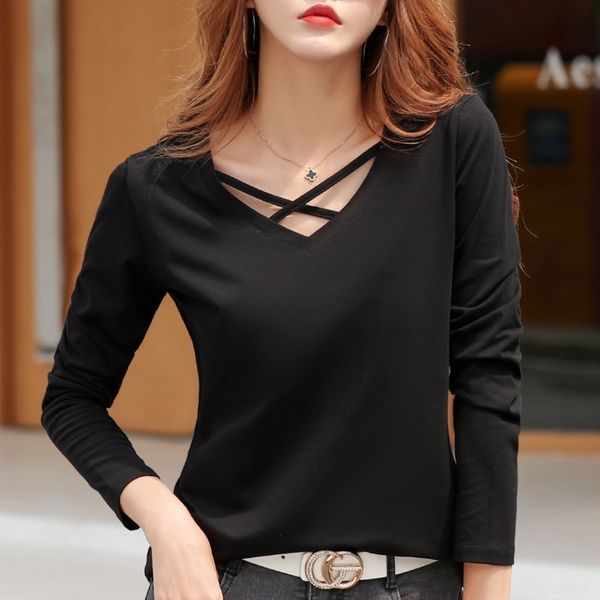 

ejvhb autumn loose lower long sleeve v-neck solid thin women t-shirt korean package lower packages t-shirt hollow out slim show color bot, White