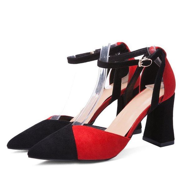 

2021 summer new style wild pointed high heels suede shallow mouth thick with hollow women's shoes word buckle color sandals, Black