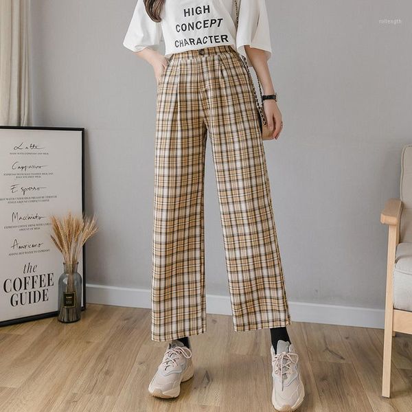 

siddons pants women high waist vintage plaid pants elastic waist plus size wide leg casual female korean trousers woman1, Black;white