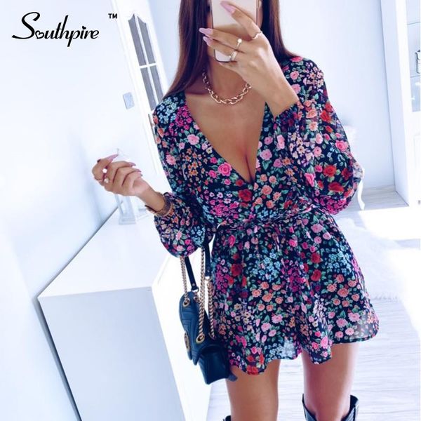 

southpire flower print bohemian playsuit women long sleeve spring summer loose romper female day casual jumpsuit overalls 2021, Black;white