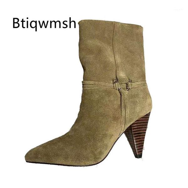 

green suede ankle boots women pointed toe metal buckle decor spike high heel boots femme fashion short1, Black