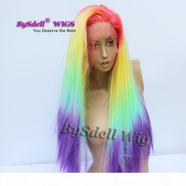 

five tone rainbow color ombre hair wig synthetic long silky straight mermaid unicorn hair lace front wig woman cosplay party wigs, Black