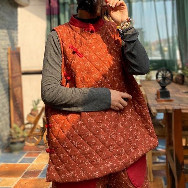 

women's vests johnature women vintage cotton chinese style orange print flower coats sleeveless o-neck 2021 winter female, Black;white