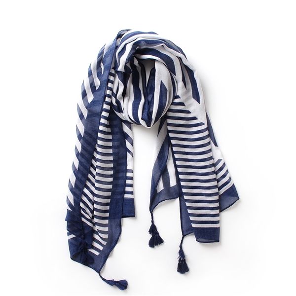 

blue stripe print cotton thin scarves with tassel women fashion geometric viscose long scarf shawl wrap neckerchief beach cover y201007, Blue;gray