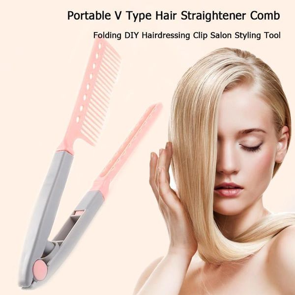 

portable v type hair straightener comb folding diy hair styling clip tool salon haircut hairdresser staightener comb bbyyus lipper, Silver