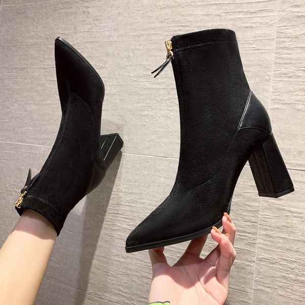 

european pointed boots thick heel short boots zipper elastic women's1, Black