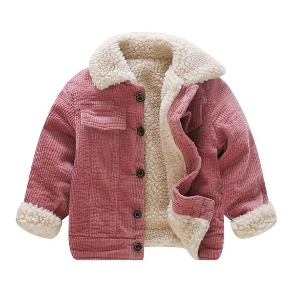 

new winter lamb wool coat for girls kids single breasted corduroy jackets for 1 2 3 4 years olds thicken fleece pockets coats 201104, Blue;gray
