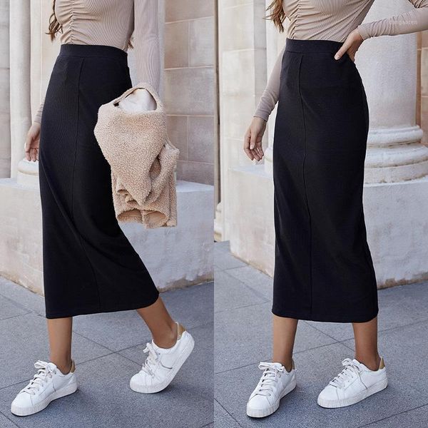 

high waist package hip pencil skirts women autumn winter casual slim solid color black work midi skirt elegant mujer faldas1