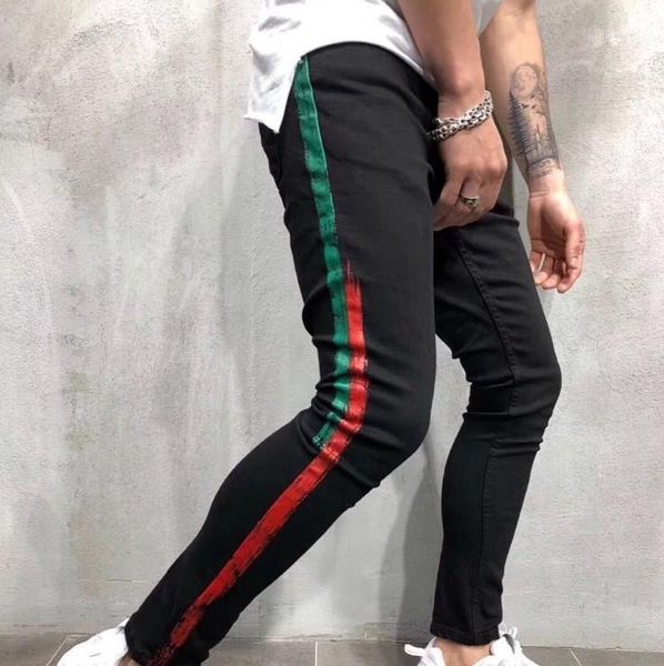 

new mens jeans men designer skinny ripped red stripes pants men stretch black slim biker jeans111, Blue