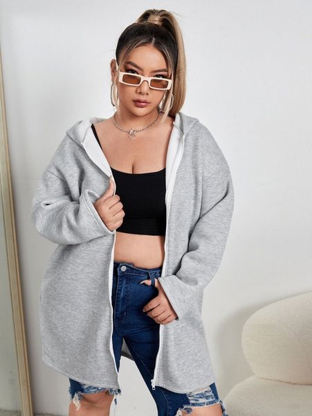 

plus zip up drop shoulder hoodie p55d#, Black