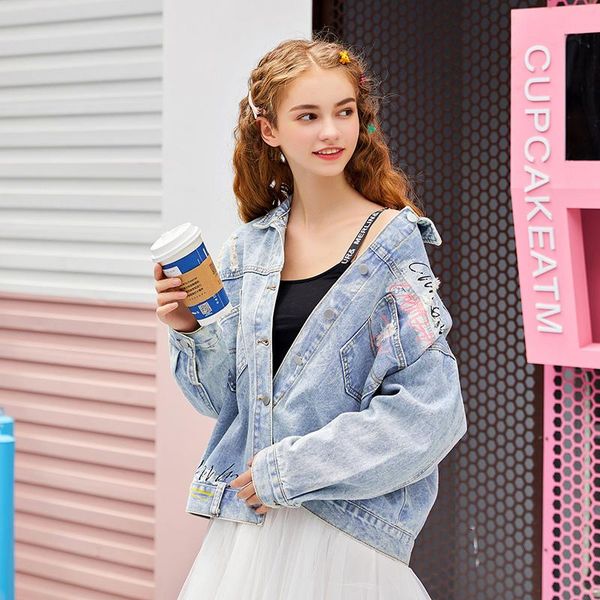 

women's jackets autumn women printing jeans jacket 2021 slim ripped holes denim elegant vintage bomber outwear basic short coats, Black;brown