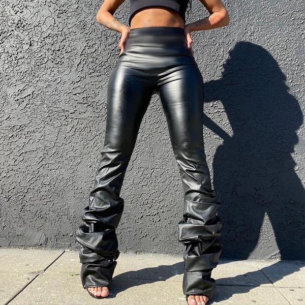 

japanese harajuku streetwear y2k faux leather stacked pants for women black color 2000s aesthetic pu stacked trousers plus size, Black;white