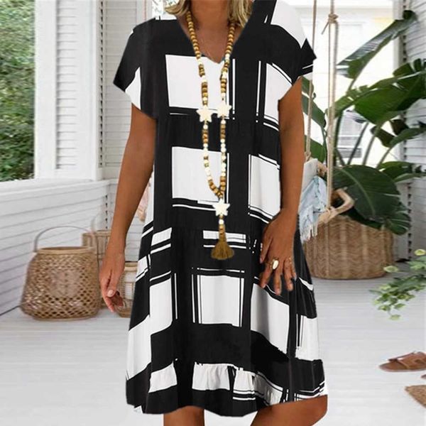 

vintage patchwork plaid women 2020 summer beach sun plus size short sleeve bohemian party es 5xl, Black;gray