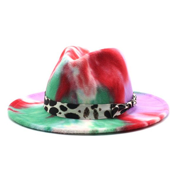 

fedora women hats winter autumn mulicolor tie dye winter hats with ribbon band cow pattern luxury hip hop street women hats men, Blue;gray