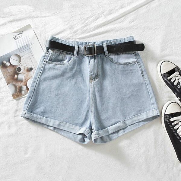 

women's shorts women high waist denim summer streetwear casual blue woman wide leg with belt jeans, White;black
