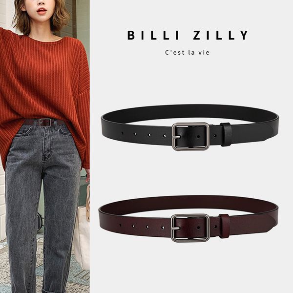 

женщины корея простой и универсальный ins стиля декоративных джинсов с модным чистым кожаным ремнем, Black;brown