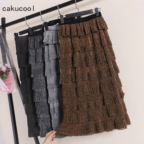 

cakucool new korean multi layers ruffled skirts shiny sliver lurex vintage midi long knitted skirts tiered skirt autumn1, Black