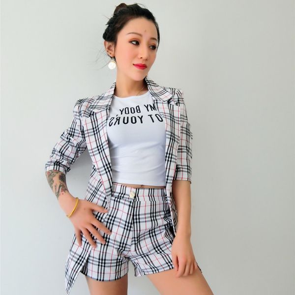 

retro checkered suit dance costume for stage rave clothes for singers nightclub dj ds pole dance costumes jazz wear py118, Black;red