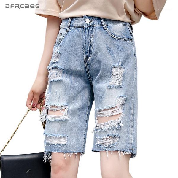 

women's jeans blue streetwear plus size vintage women denim jean with ripped hole 2021 summer loose knee length trouser female 3xl 4xl1