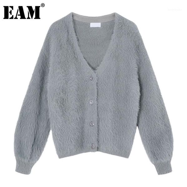 

eam] gray big size knitting sweater loose fit round neck long sleeve women pullovers new fashion tide autumn winter 2020 1z7821, White;black