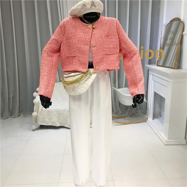 

pink celebrity temperament tweed coat women's fall 2020 new loose and versatile foreign style jacket, White;black