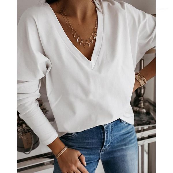 

harajuku tshirt oversized women v-neck solid white long sleeve mujer camisetas loose autumn femme elegant sj7018c1
