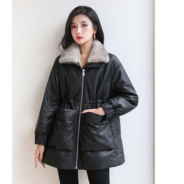 

2021 new haining leather fur coat large sheep skin down jacket women's medium length collar fur coat1, Black