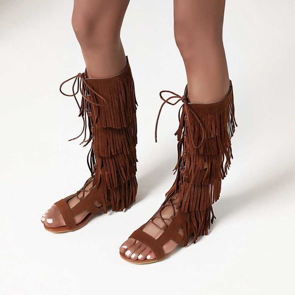 

chimizhai new women sandals summer boots tassel sizes 46 47 48 sandals woman gladiator shoes fringe my504, Black