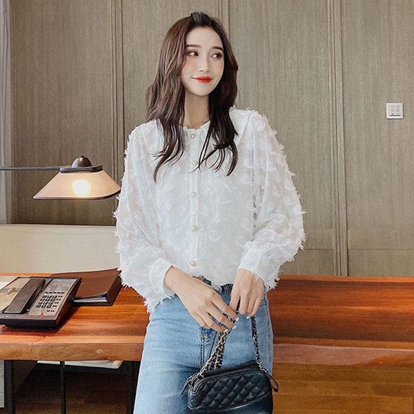 

2021 spring white shirt women chiffon blouse vintage korean fashion long sleeve turn-down neck blusa femenina loose woman top