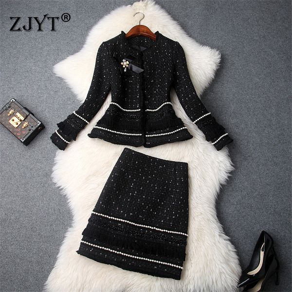 

runway designer autumn winter two piece dress suit women fashion long sleeve pearls tweed woolen jacket coat and skirt 2piece sets office la, White