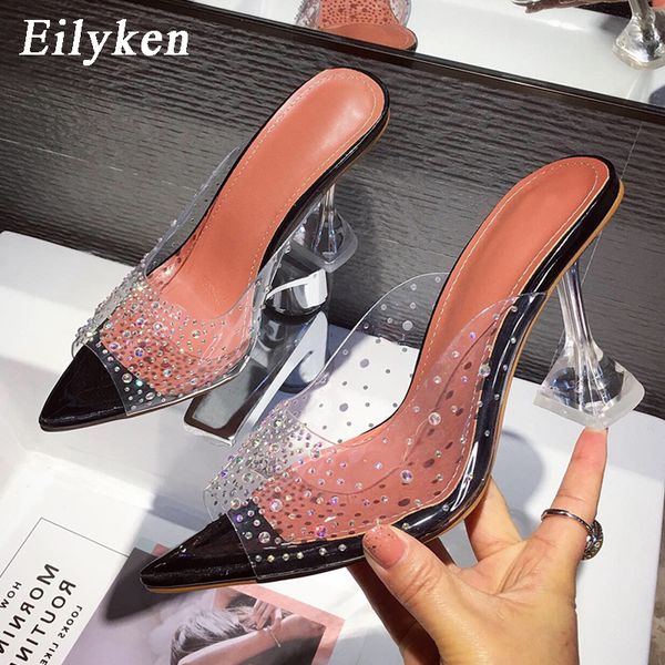

eilyken fashion pvc transparent rhinestones women pumps clear perspex crystal spike heel slippers shallow peep toe sandals 1007, Black;white