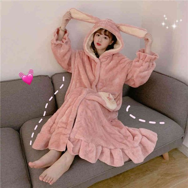 

women's sleepwear autumn and winter thickened warm robe middle length pajamas suit sweet lovely rabbit ear bathrobe home clothes v, Black;red