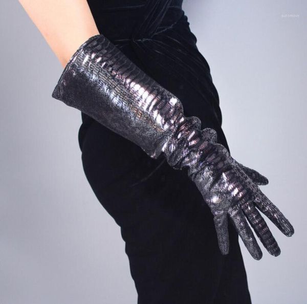 

women' fashion natural sheepskin leather glove lady' genuine leather wide sleeve long driving glove 50cm r20201, Blue;gray