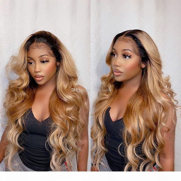 

body wave brazilian remy human hair wigs glueless 13x6 silk base lace front wigs ombre #27 blonde color pre plucked bleached knots, Black;brown