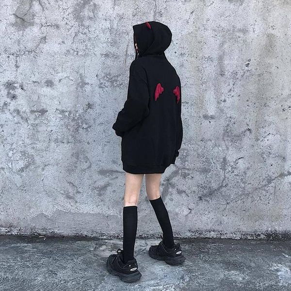 

harajuku devil wing hooded women fleece sweatshirt casual loose long sleeve hoodies sweatshirt female autumn warm pullover, Black
