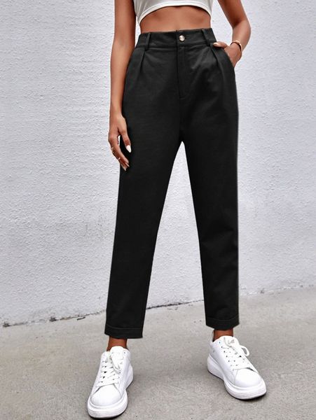 

solid straight leg pants n5rj#, Black;white