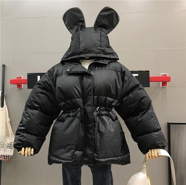 

winter new ears hooded loose padded cotton clothes women's long section korean version of warm warm coat jacket bread1, Black