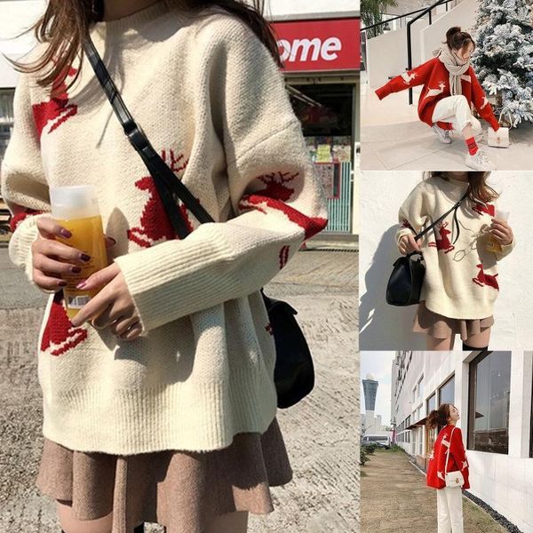 

women's sweaters women long sleeves round neck knitted sweater solid color fawn pattern pullover1, White;black