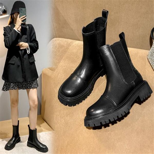 

autumn winter women's leather ankle boots round toe thick heel women shoes solid chelsea boots casual woman boot, Black
