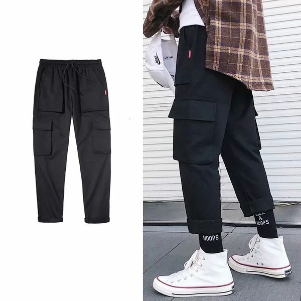 

autumn fashion multi pocket overalls elastic waist straight loose casual street cotton pants men's, Black