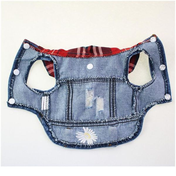 

water wash old jean small dog clothes puppy dog jacket vest cowboy pet coat hole daisy embroidered clothing red plai jllmuu