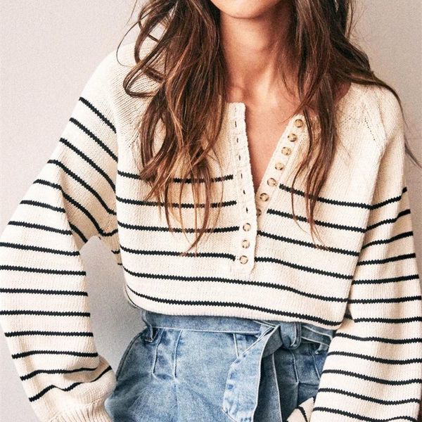 

new preppy autumn 2021 beige knitted sweater women button oversize pullover sweater vintage striped winter casual office jumper, White;black