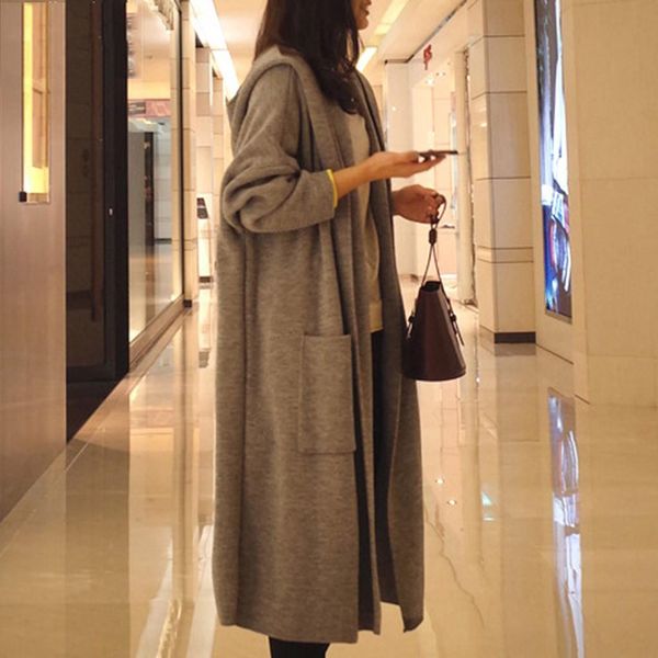 

fashion solid long knitted kimono cardigan winter hooded sweater casual sweet knit loose sweaters coat women pockets blouse, White;black