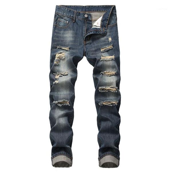 

2021 spring arrival men's ripped streetwear destroyed hip hop bike jeans trendy holes straight denim pants hombre long trouers1, Blue