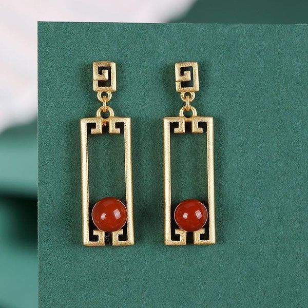 

sterling silver inlaid natural south red agate earrings Chinese style retro rectangular geometry unique women's brand jewelry