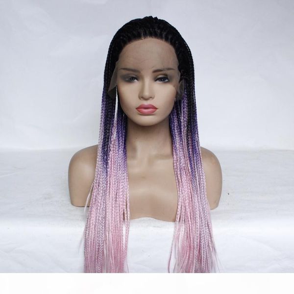 

box braid lace front wig synthetic heat resistant fiber ombre pink colored glueless lacefront box braids wigs for african american, Black;brown