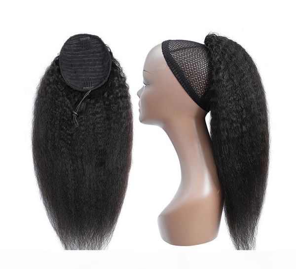 

kinky straight ponytail human hair remy brazilian drawstring ponytail 1 piece clip in hair extensions 1b pony tail, Black
